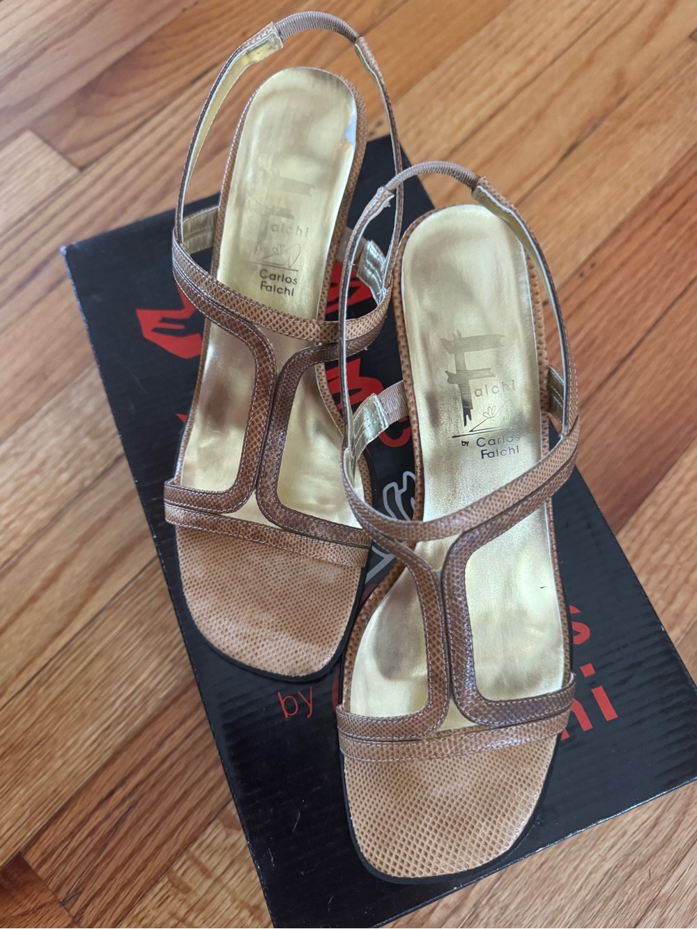 Carlos Falchi Metallic Gold Insole Brown Textured Slingback Sandals